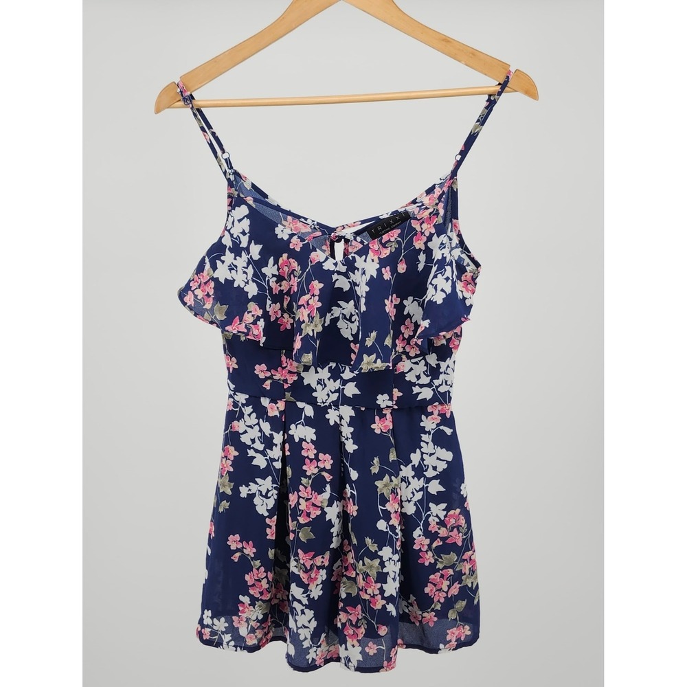 Trixxi Womens Navy Blue Pink Floral Ruffle Romper Sleeveless Size S